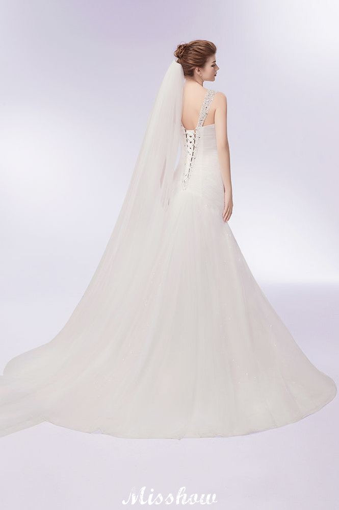 Abito da sposa a sirena in tulle con cristalli, scollo a V e lunghezza fino a terra