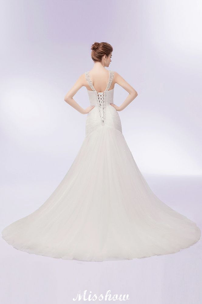 Abito da sposa a sirena in tulle con cristalli, scollo a V e lunghezza fino a terra