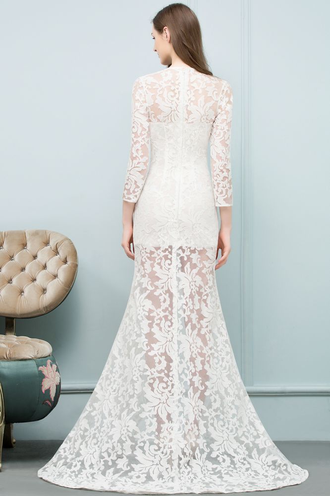 Vestidos de baile compridos até ao chão com decote em V, estilo sereia, em renda e com mangas
