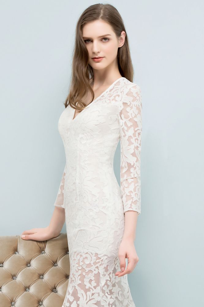 Vestidos de baile compridos até ao chão com decote em V, estilo sereia, em renda e com mangas