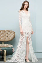 Vestidos de baile compridos até ao chão com decote em V, estilo sereia, em renda e com mangas