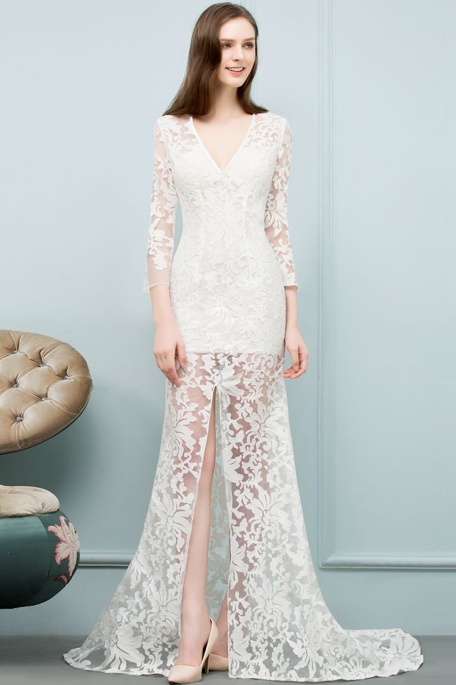 Vestidos de baile compridos até ao chão com decote em V, estilo sereia, em renda e com mangas