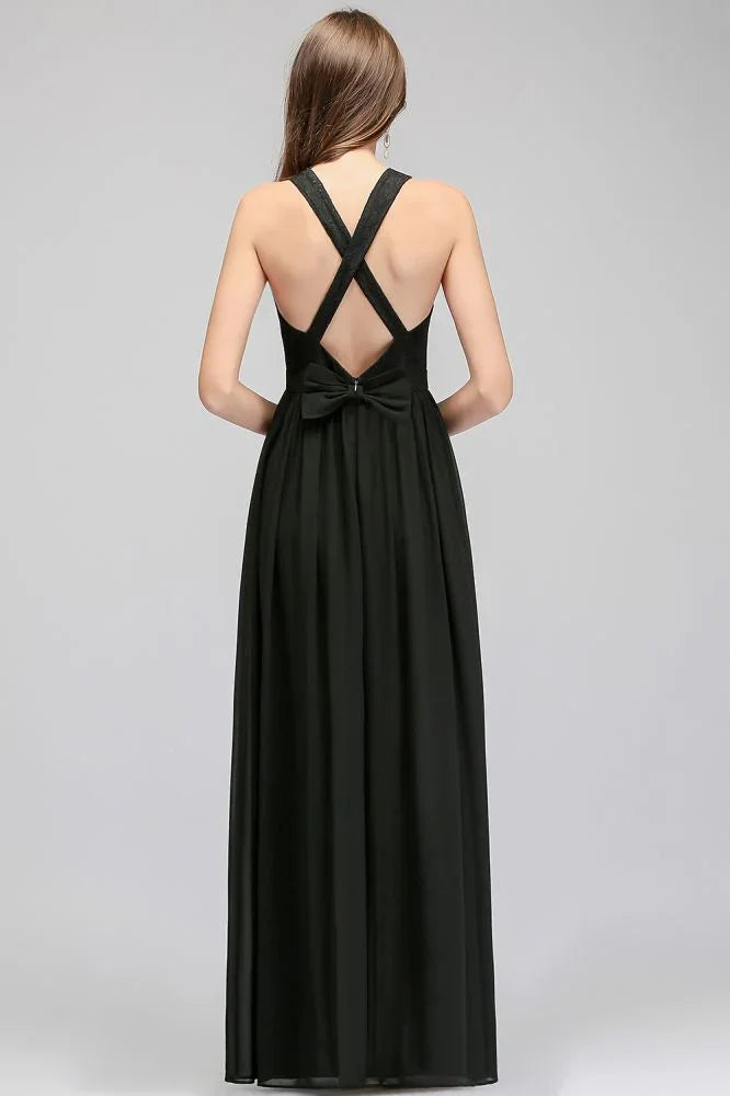 Vestido de Dama de Honra Preto, Top de Renda Sem Mangas, Comprimento até ao Chão, Decote em V