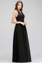 Vestido de Dama de Honra Preto, Top de Renda Sem Mangas, Comprimento até ao Chão, Decote em V