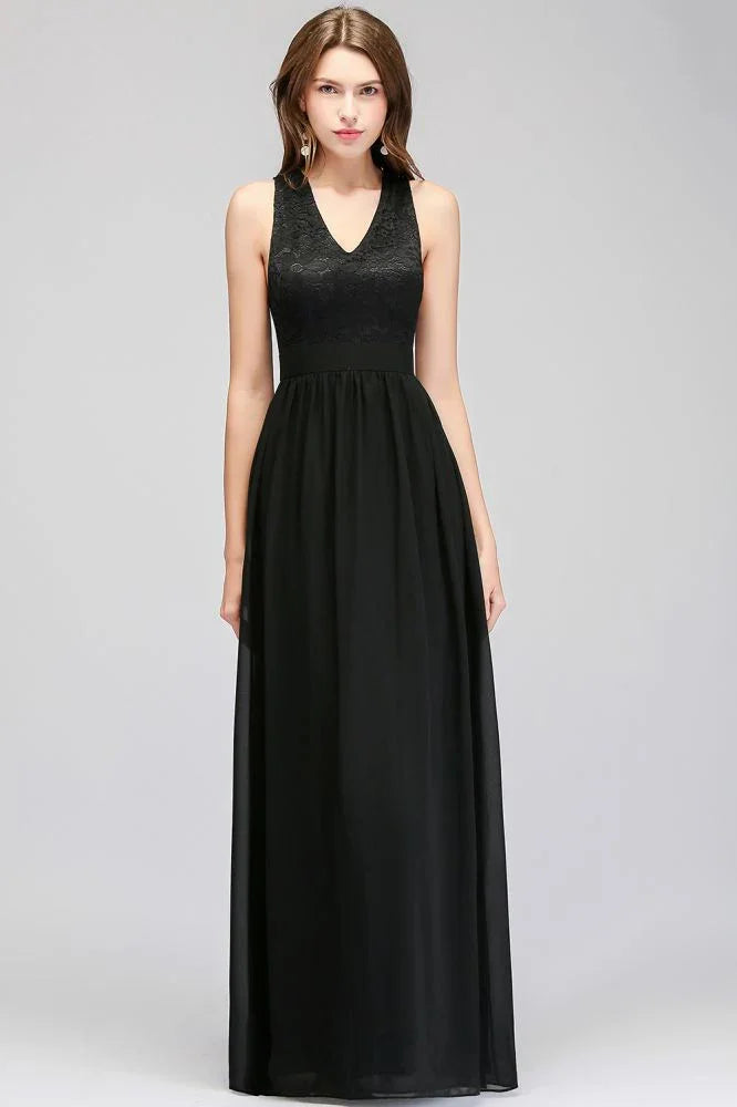 Vestido de Dama de Honra Preto, Top de Renda Sem Mangas, Comprimento até ao Chão, Decote em V