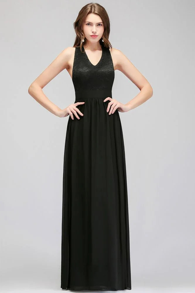 Vestido de Dama de Honra Preto, Top de Renda Sem Mangas, Comprimento até ao Chão, Decote em V