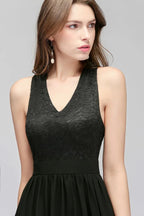Vestido de Dama de Honra Preto, Top de Renda Sem Mangas, Comprimento até ao Chão, Decote em V