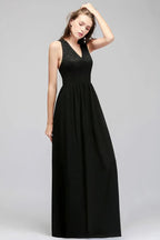 Vestido de Dama de Honra Preto, Top de Renda Sem Mangas, Comprimento até ao Chão, Decote em V