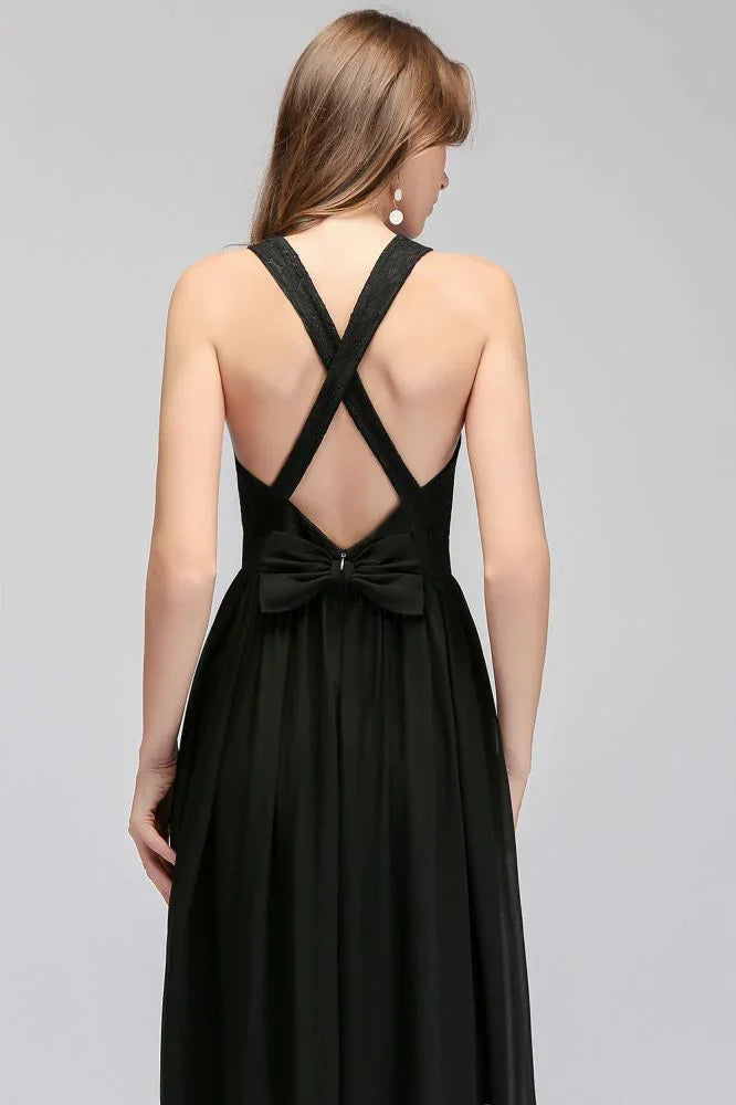 Vestido de Dama de Honra Preto, Top de Renda Sem Mangas, Comprimento até ao Chão, Decote em V