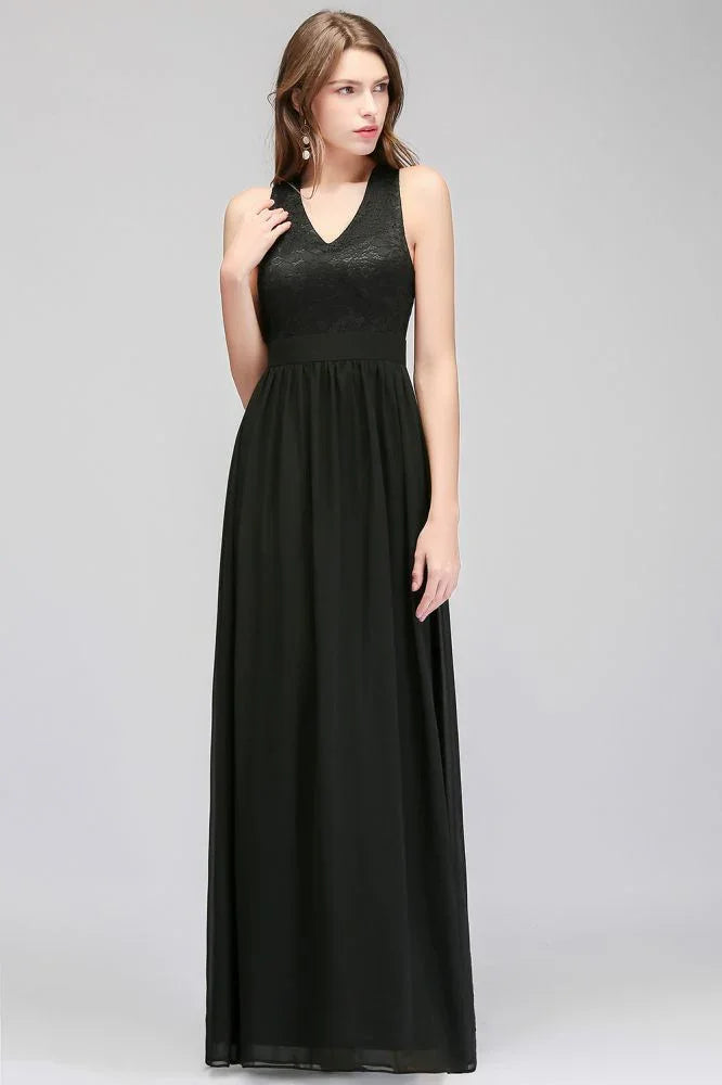 Vestido de Dama de Honra Preto, Top de Renda Sem Mangas, Comprimento até ao Chão, Decote em V