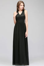 Vestido de Dama de Honra Preto, Top de Renda Sem Mangas, Comprimento até ao Chão, Decote em V