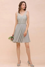 V-Neck Floral Lace Mini Homecoking Dress Grey Simple Chiffon Bridesmaid Dress Party Dress