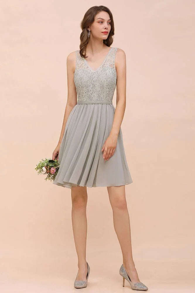 V-Neck Floral Lace Mini Homecoking Dress Grey Simple Chiffon Bridesmaid Dress Party Dress