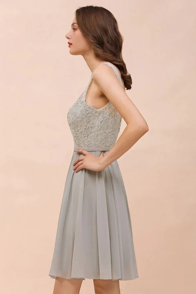 V-Neck Floral Lace Mini Homecoking Dress Grey Simple Chiffon Bridesmaid Dress Party Dress