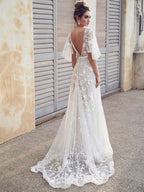 V Neck Lace Boho Wedding Dress With Half Sleeves For Brides