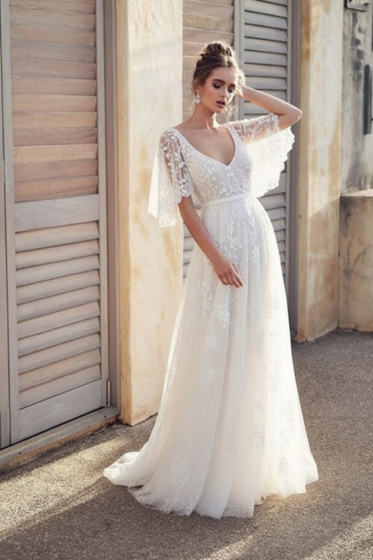 V Neck Lace Boho Wedding Dress With Half Sleeves For Brides