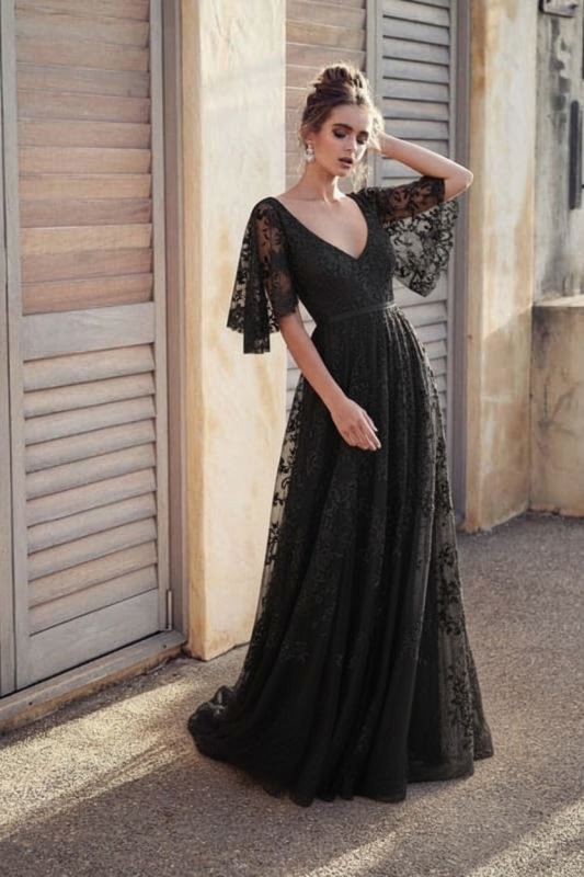 V Neck Lace Boho Wedding Dress With Half Sleeves For Brides