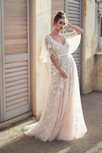 V Neck Lace Boho Wedding Dress With Half Sleeves For Brides