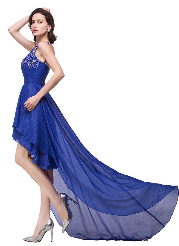 Abito da cerimonia blu in chiffon con scollo a V, linea ad A asimmetrica, monospalla e volant