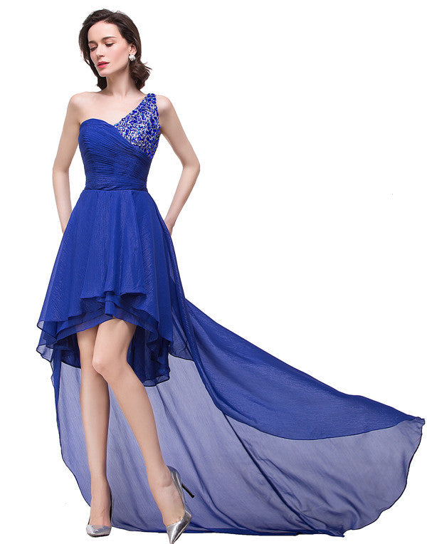 Abito da cerimonia blu in chiffon con scollo a V, linea ad A asimmetrica, monospalla e volant