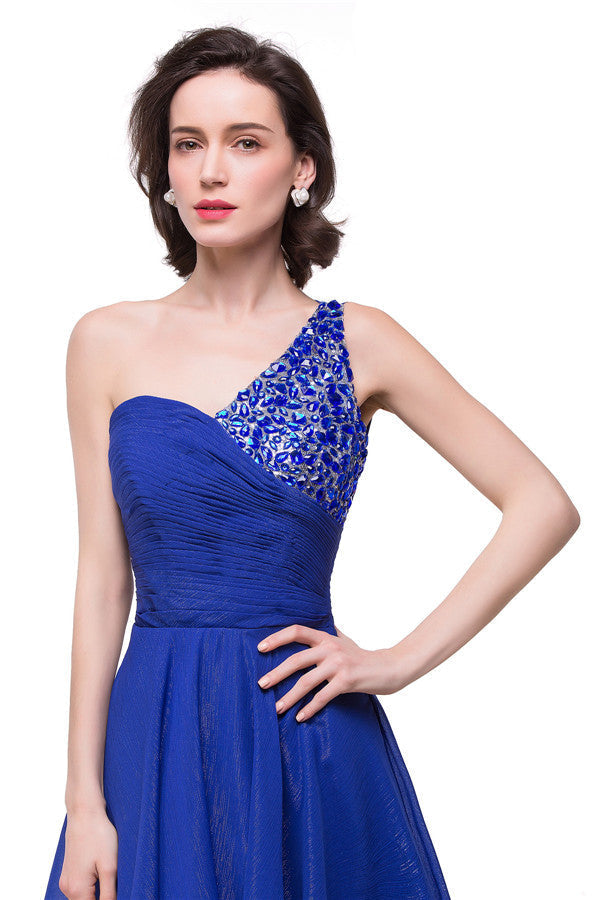 Abito da cerimonia blu in chiffon con scollo a V, linea ad A asimmetrica, monospalla e volant