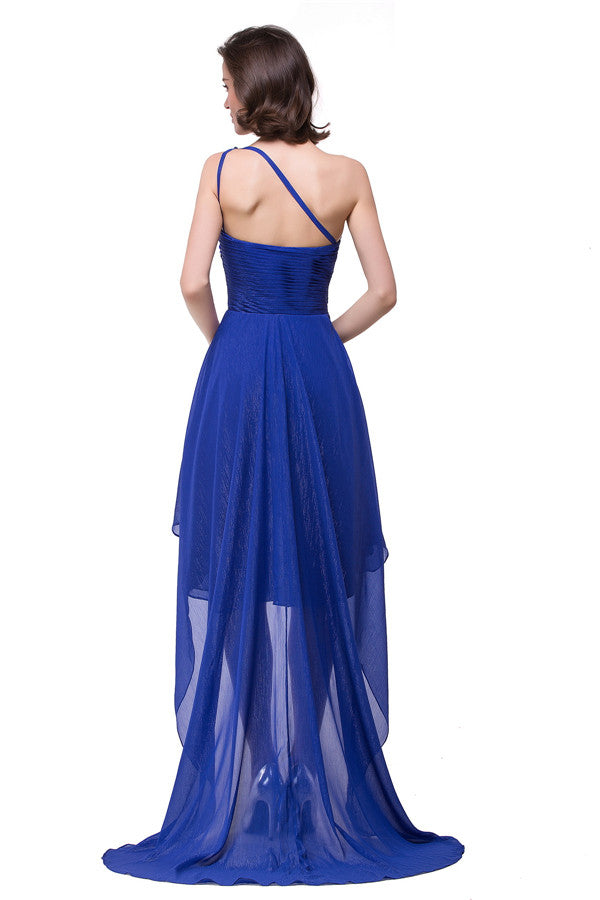 Abito da cerimonia blu in chiffon con scollo a V, linea ad A asimmetrica, monospalla e volant