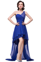 Abito da cerimonia blu in chiffon con scollo a V, linea ad A asimmetrica, monospalla e volant