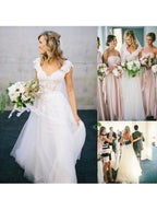 Abito da sposa a linea ad A con scollo a V, maniche corte a cappuccio in pizzo e tulle