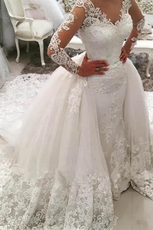 Vestido de novia con escote en V, mangas largas, apliques y cola Watteau
