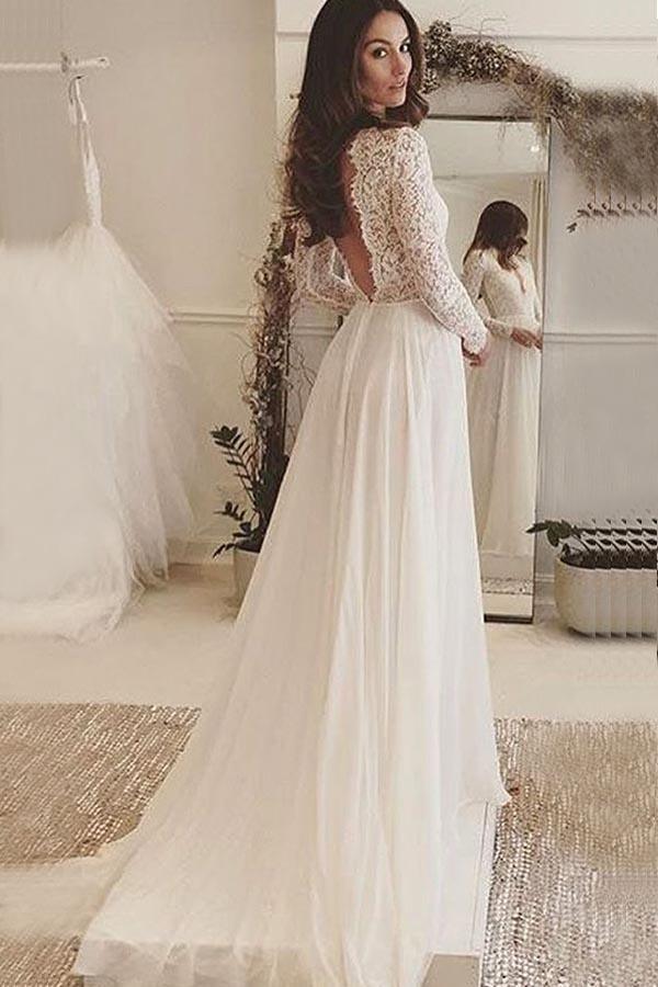 Vestido de Noiva Marfim em Chiffon com Decote em V, Mangas Compridas e Costas Descobertas, com Renda