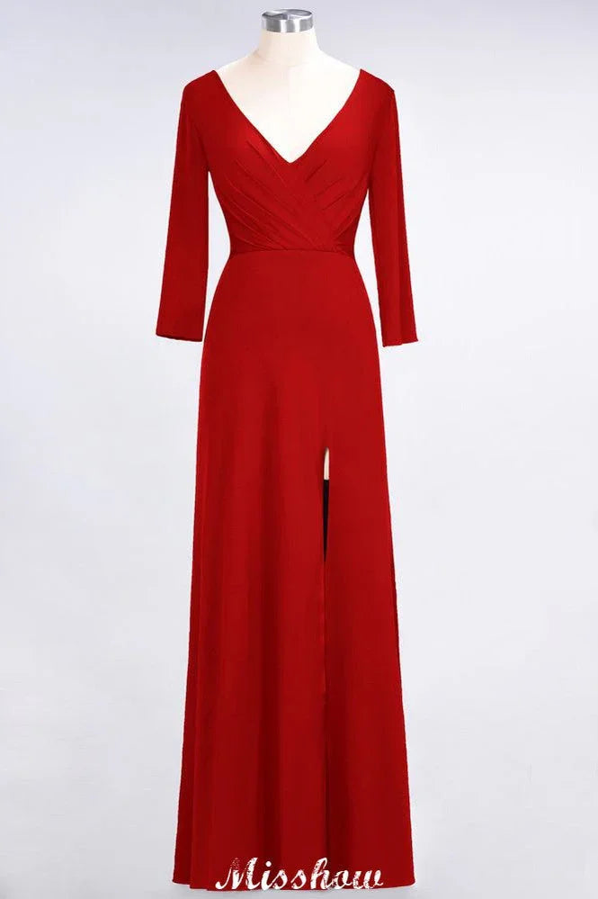 V-Neck Long-Sleeves Side-Slit Floor-Length Bridesmaid Dress with Ruffles