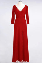 V-Neck Long-Sleeves Side-Slit Floor-Length Bridesmaid Dress with Ruffles
