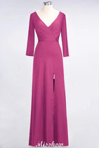 V-Neck Long-Sleeves Side-Slit Floor-Length Bridesmaid Dress with Ruffles