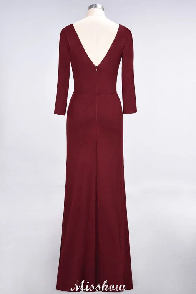 V-Neck Long-Sleeves Side-Slit Floor-Length Bridesmaid Dress with Ruffles