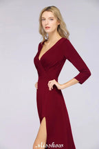 V-Neck Long-Sleeves Side-Slit Floor-Length Bridesmaid Dress with Ruffles