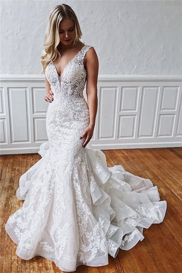 V Neck Backless Mermaid Lace Wedding Dress With Ruffles