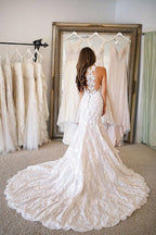 V Neck Mermaid Lace Wedding Dresses Bridal Gown With Sweep Train