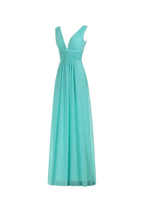 V-Neck Ruched Waist Long Prom Evening Gown Bridesmaid Dress BD006