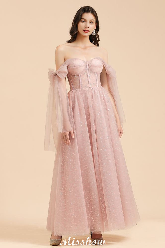 Vestido de Dama de Honra com Decote em V, Mangas de Chiffon com Folhos e Corte A, Cor Rosa Empoeirada para Festa de Casamento