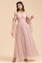 Vestido de Dama de Honra com Decote em V, Mangas de Chiffon com Folhos e Corte A, Cor Rosa Empoeirada para Festa de Casamento