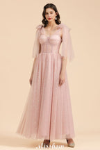 Vestido de Dama de Honra com Decote em V, Mangas de Chiffon com Folhos e Corte A, Cor Rosa Empoeirada para Festa de Casamento