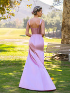 Vestido de fiesta de satén rosa con escote en V y largo hasta el suelo