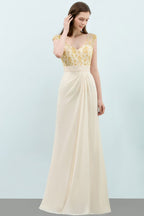 V-neck Sequined Top A-line Floor Length Chiffon Prom Dresses