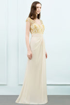 V-neck Sequined Top A-line Floor Length Chiffon Prom Dresses