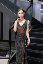 V-Neck Sequins Long Evening Dress With Split