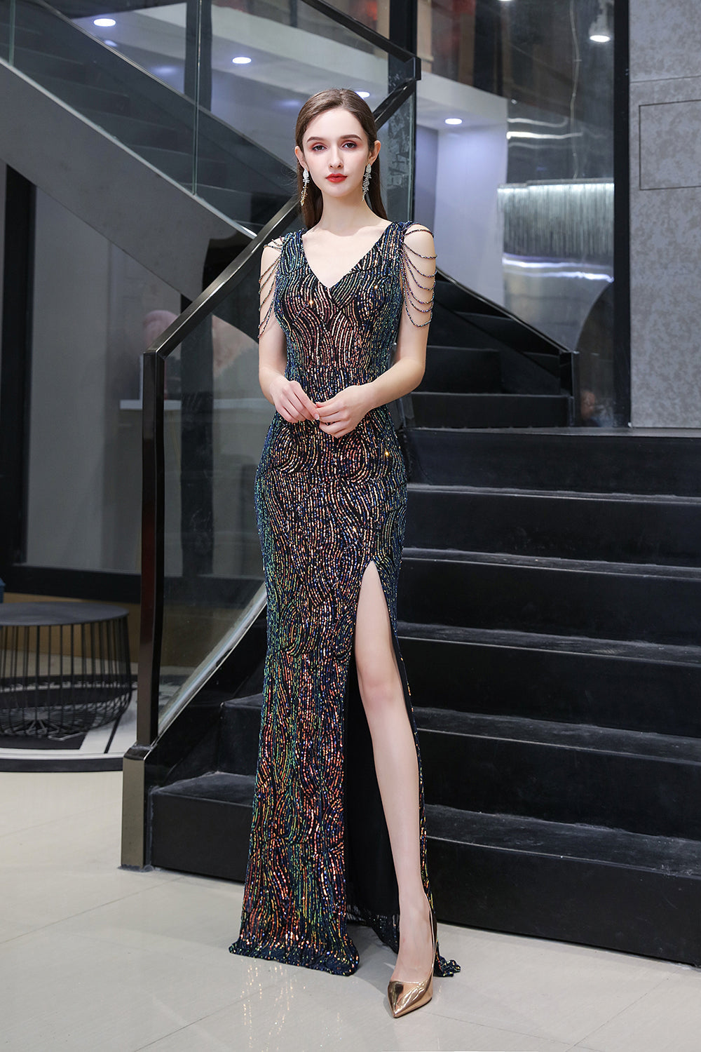 V-Neck Sequins Long Evening Dress With Split