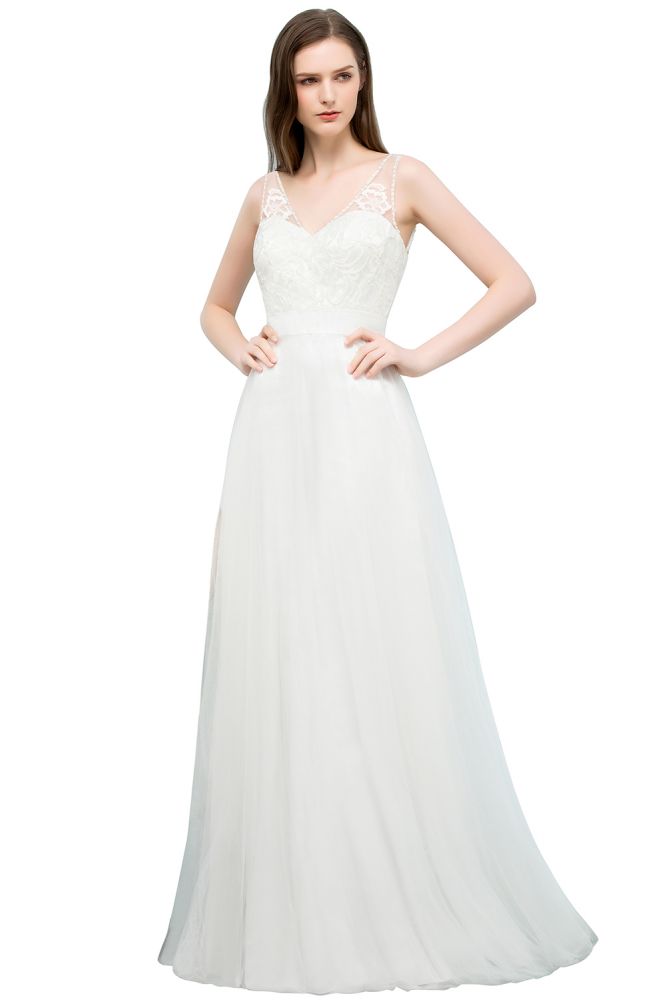 V-neck Sleeveless A-line Floor Length Lace Tulle Prom Dresses