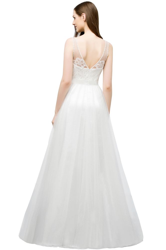 V-neck Sleeveless A-line Floor Length Lace Tulle Prom Dresses