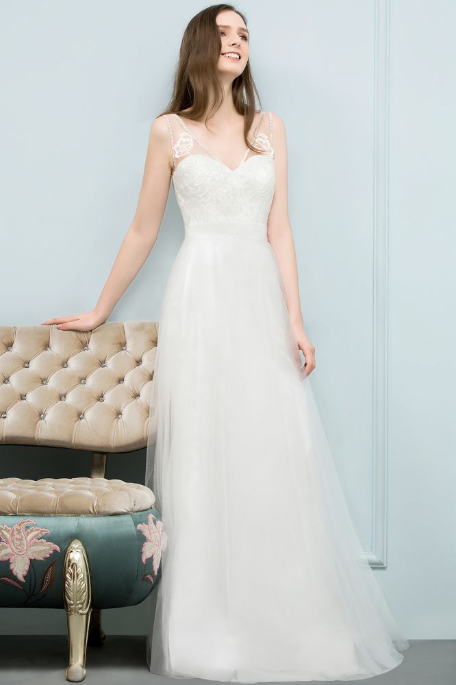 V-neck Sleeveless A-line Floor Length Lace Tulle Prom Dresses