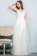 V-neck Sleeveless A-line Floor Length Lace Tulle Prom Dresses
